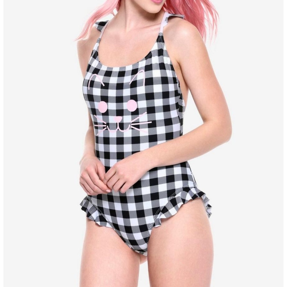 Black & White Checkered Ruffle Cat Swimsuit Plus Size from Hot Topic